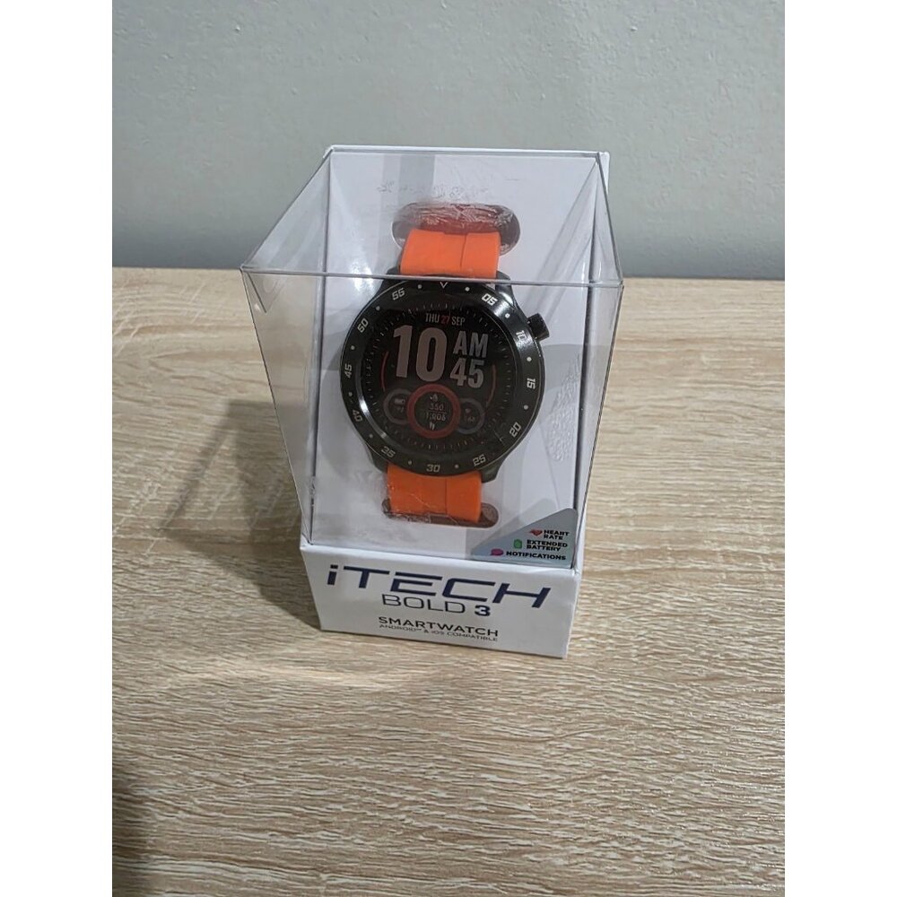 New in Box iTech Bold 3 Unisex Adult Smart Watch, Orange Silicone Strap